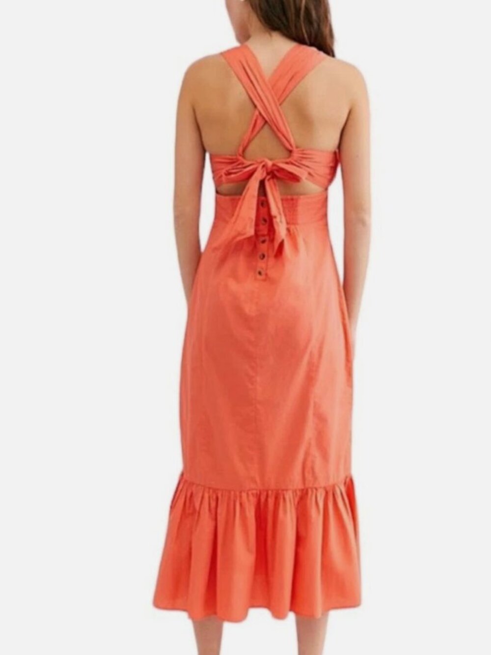 Free People "Laila" Coral Orange Crisscross Tie-Back Sheath Midi-Maxi Dress - M - Picture 8 of 13